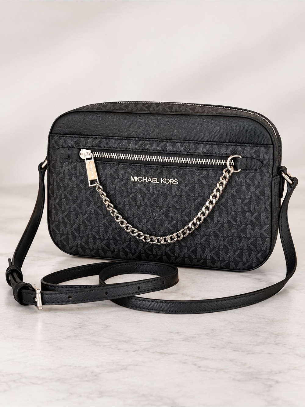 Michael Kors Jet Set Large Logo Chain Crossbody Bag Black MK Silver NWOT